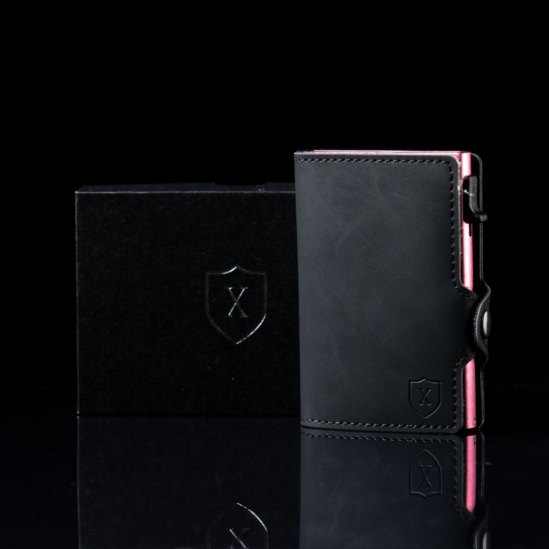 Black & Pink Xclusive Deluxe Wallet and Cardholder from the front with the gift box and packaging