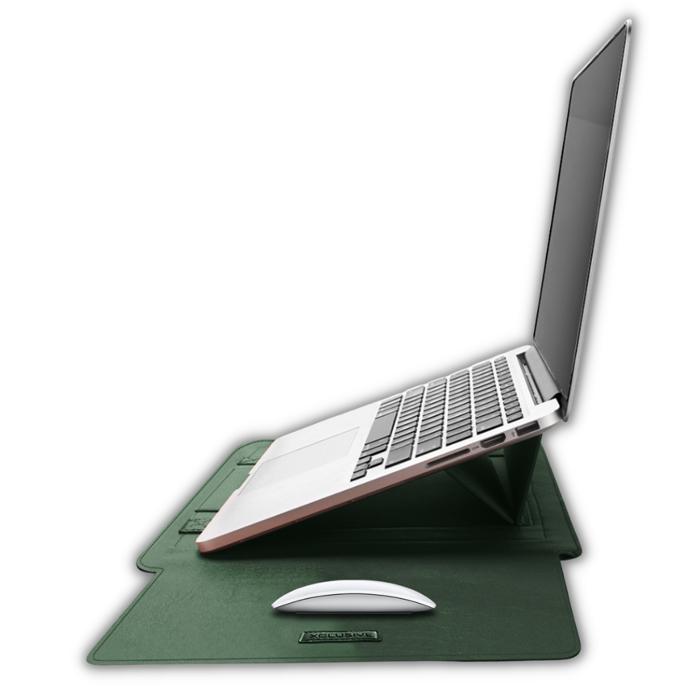 Open army green notebook sleeve with a notebook pro that transforms into a workstation view from the side
