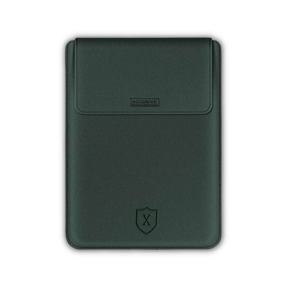 Closed army green notebook sleeve with a notebook pro that transforms into a workstation