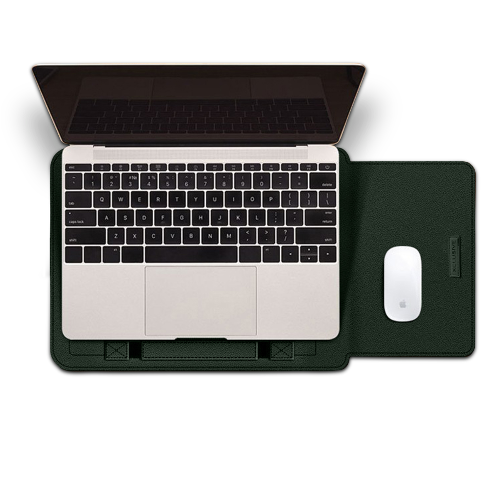 Open army green notebook sleeve with a notebook pro that transforms into a workstation view from the top