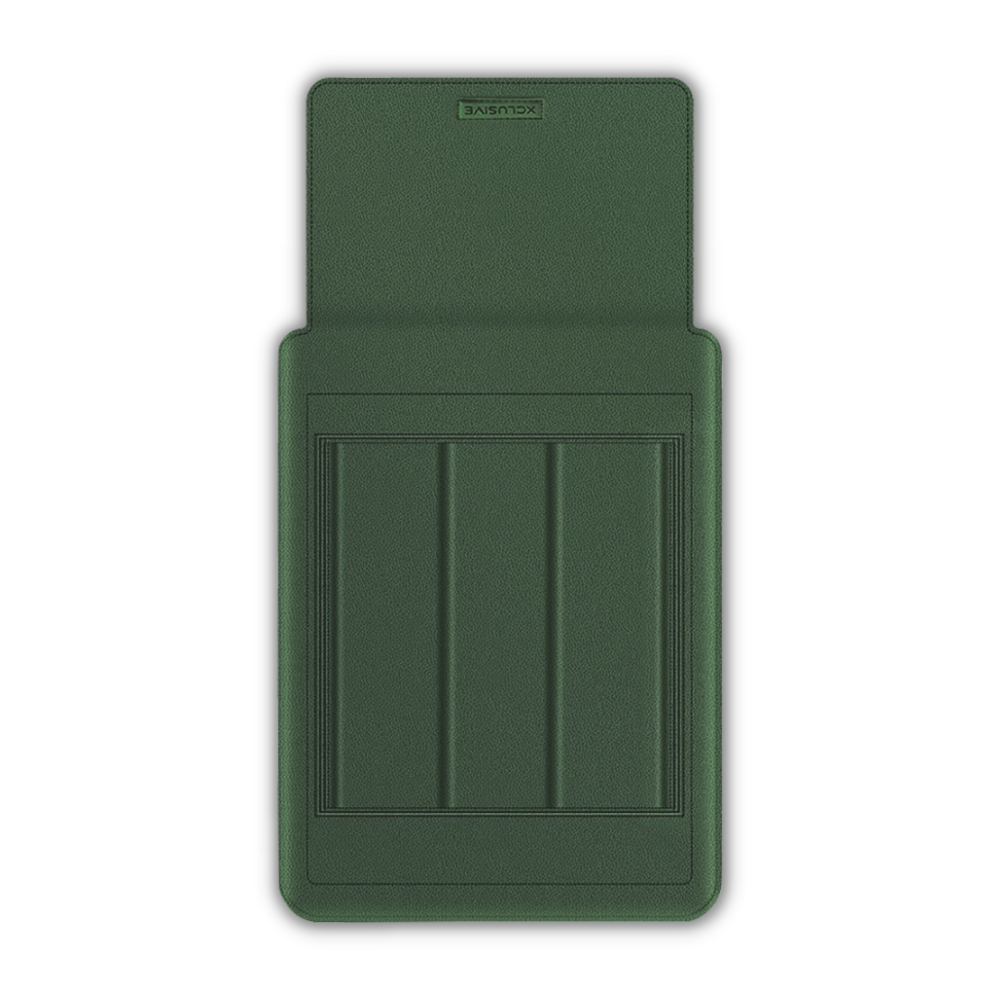 wide Open army green notebook sleeve with a notebook pro that transforms into a workstation