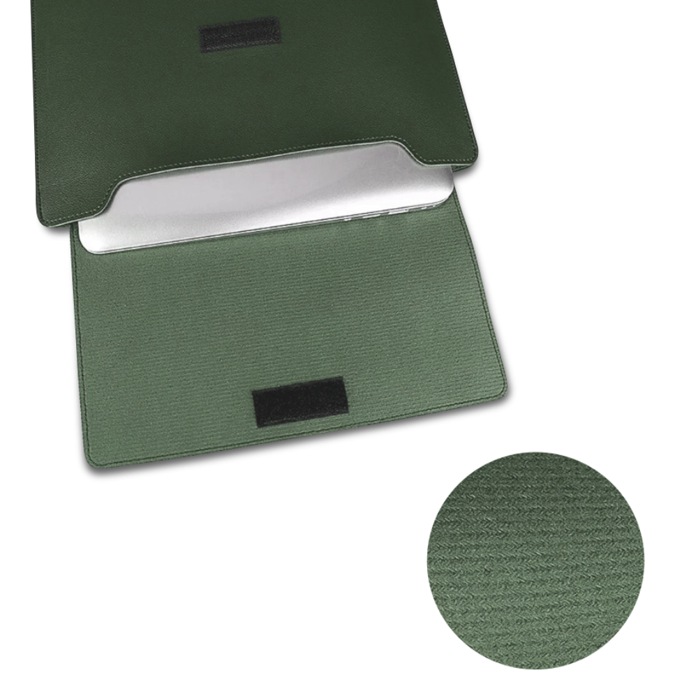 Open army green notebook sleeve with a notebook pro that transforms into a workstation with color and texture