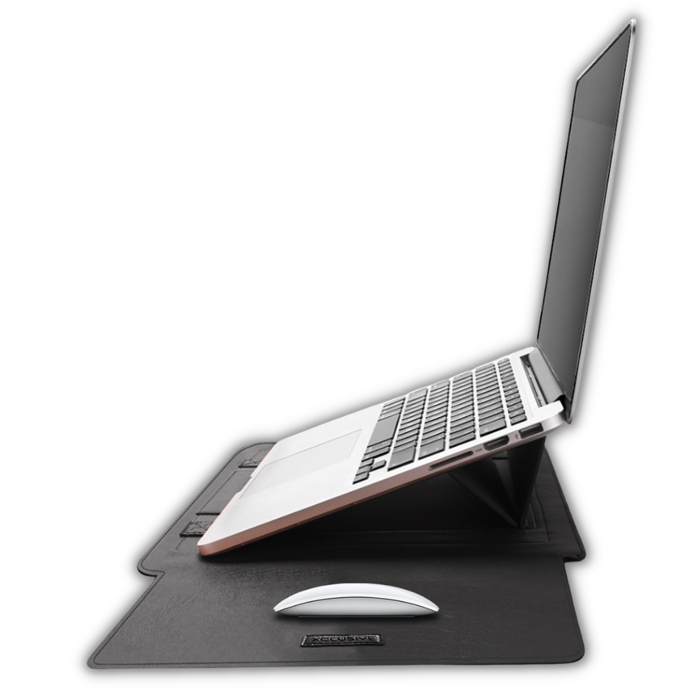 Open xclusive full black notebook sleeve with a notebook pro that transforms into a workstation viewed from the side