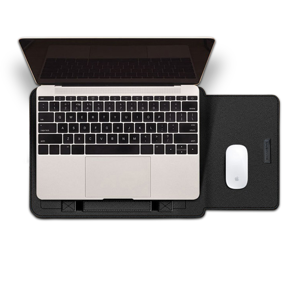 Open xclusive full black notebook sleeve with a notebook pro that transforms into a workstation viewed from the top