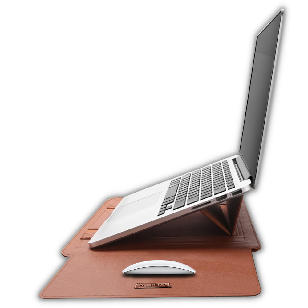 Open Xclusive gold brown notebook sleeve with a notebook pro that transforms into a workstation viewed from the side