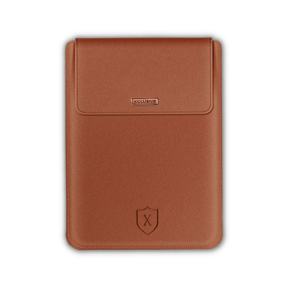 Closed Xclusive gold brown notebook sleeve with a notebook pro that transforms into a workstation viewed from the front