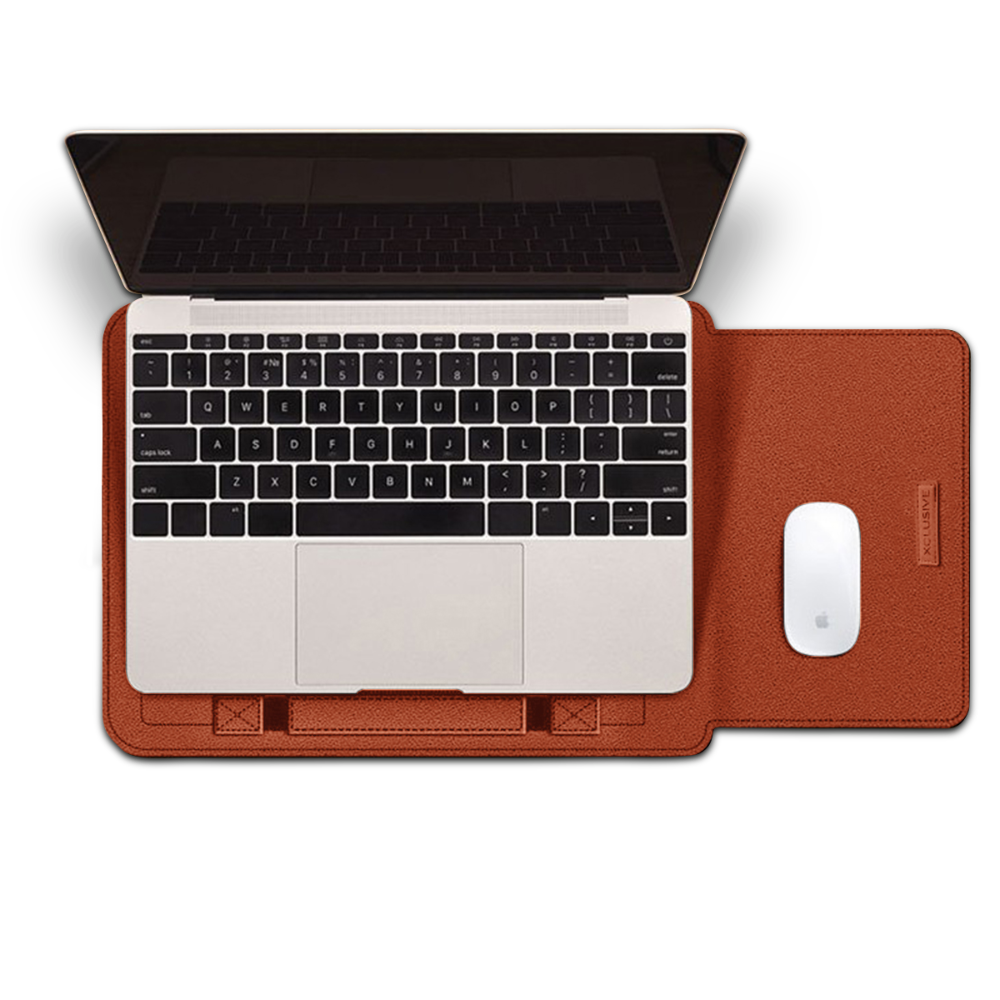 Open Xclusive gold brown notebook sleeve with a notebook pro that transforms into a workstation viewed from the top