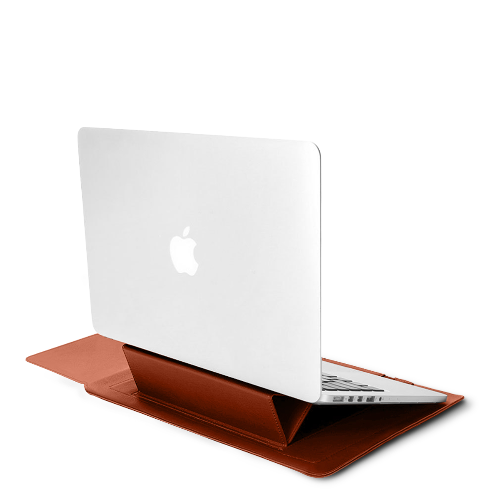 Open Xclusive gold brown notebook sleeve with a notebook pro that transforms into a workstation viewed from the back