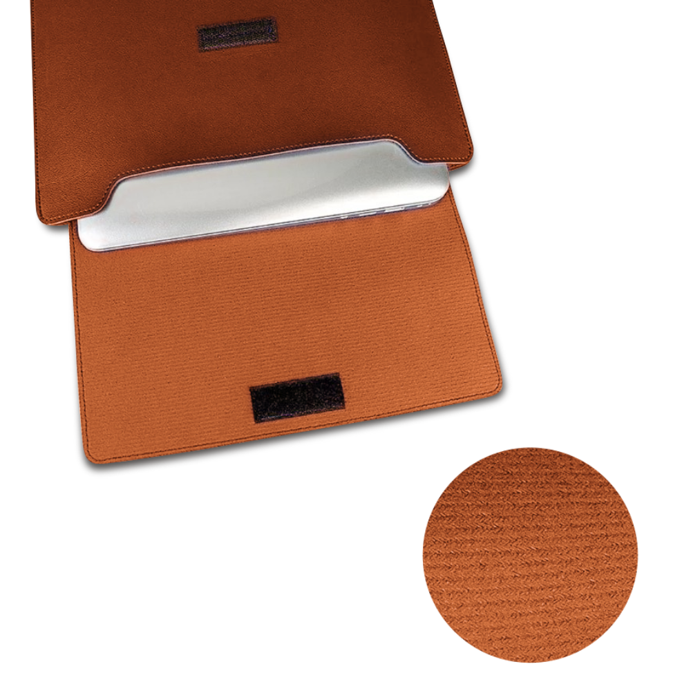 Open Xclusive gold brown notebook sleeve with a notebook pro that transforms into a workstation with texture