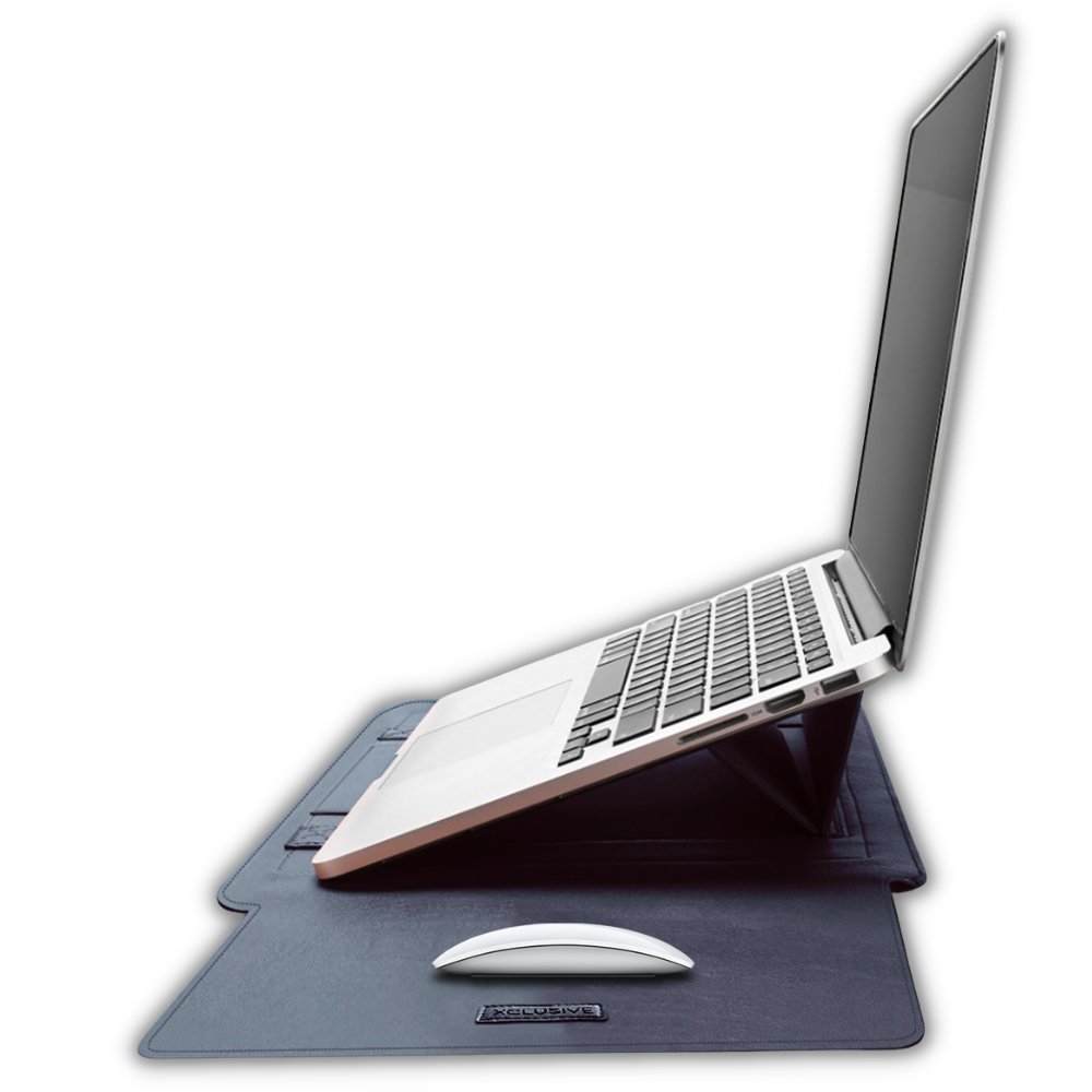 Open Xclusive navy blue notebook sleeve with a notebook pro that transforms into a workstation viewed from the side