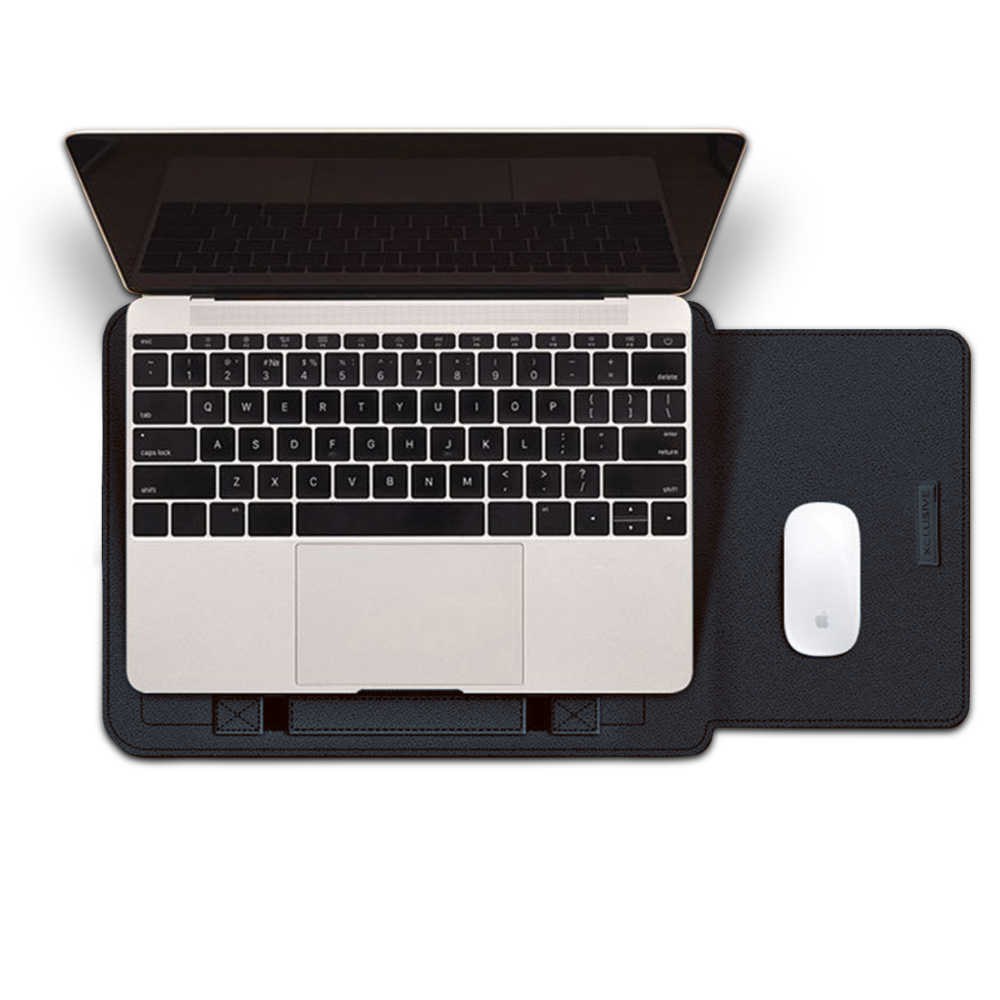 Open Xclusive navy blue notebook sleeve with a notebook pro that transforms into a workstation viewed from the top