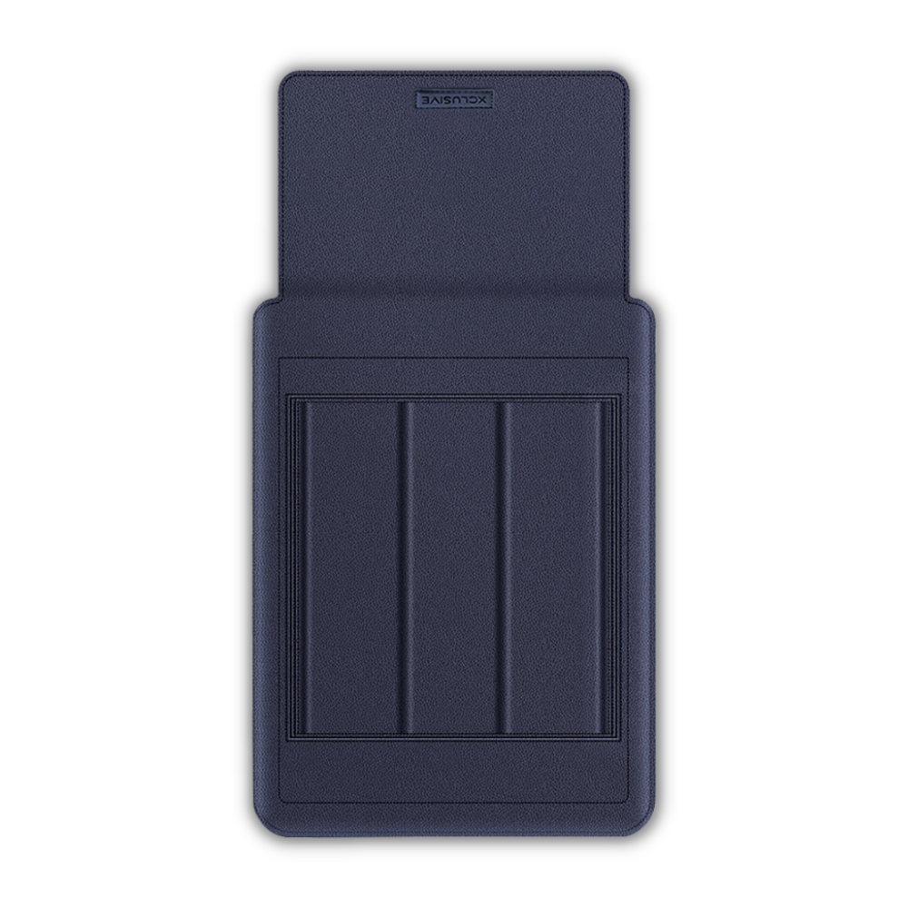 Open Xclusive navy blue notebook sleeve with a notebook pro that transforms into a workstation viewed from the back