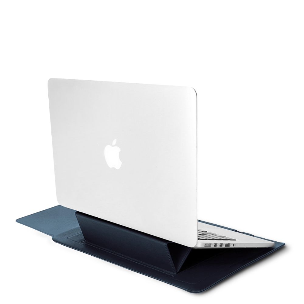 Open Xclusive navy blue notebook sleeve with a notebook pro that transforms into a workstation viewed from the back