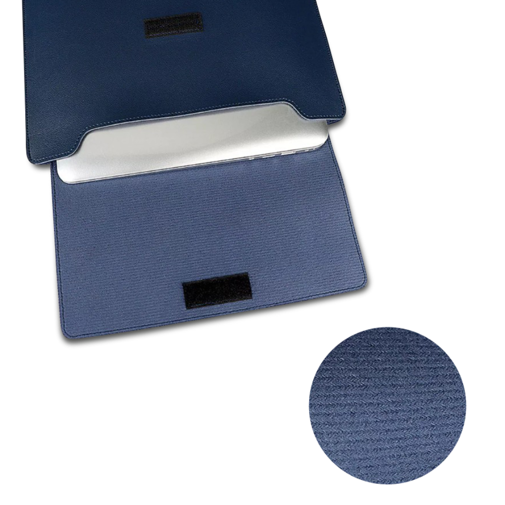 Open Xclusive navy blue notebook sleeve with a notebook pro that transforms into a workstation with textures